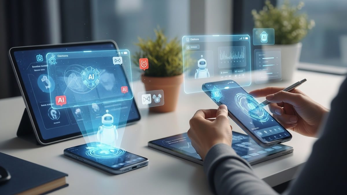 Person interacting with futuristic AI-powered apps in 2025, including productivity, entertainment, communication, and health applications, showcasing smart technology in everyday life