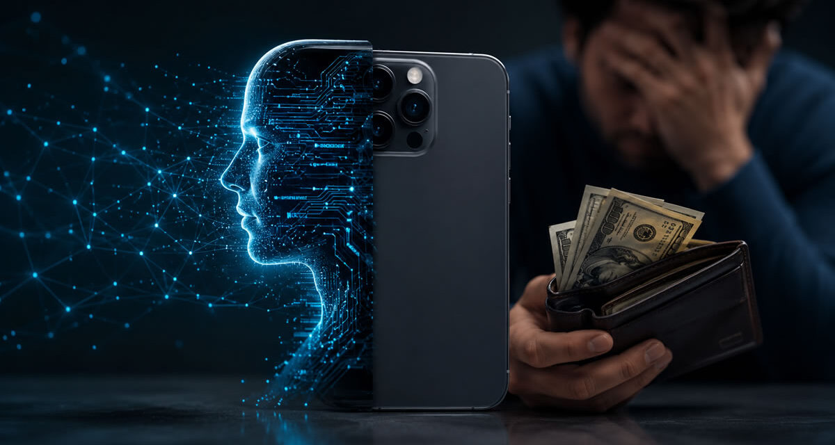 Consumer holding flagship phone with AI smartphone hype marketing overlay