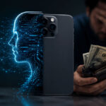 Consumer holding flagship phone with AI smartphone hype marketing overlay