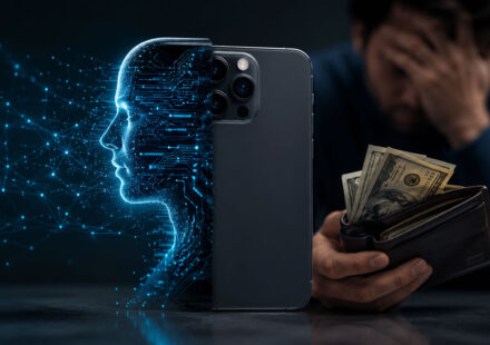 Consumer holding flagship phone with AI smartphone hype marketing overlay