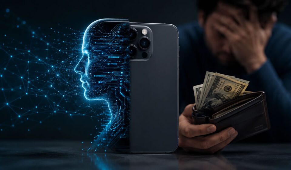 Consumer holding flagship phone with AI smartphone hype marketing overlay